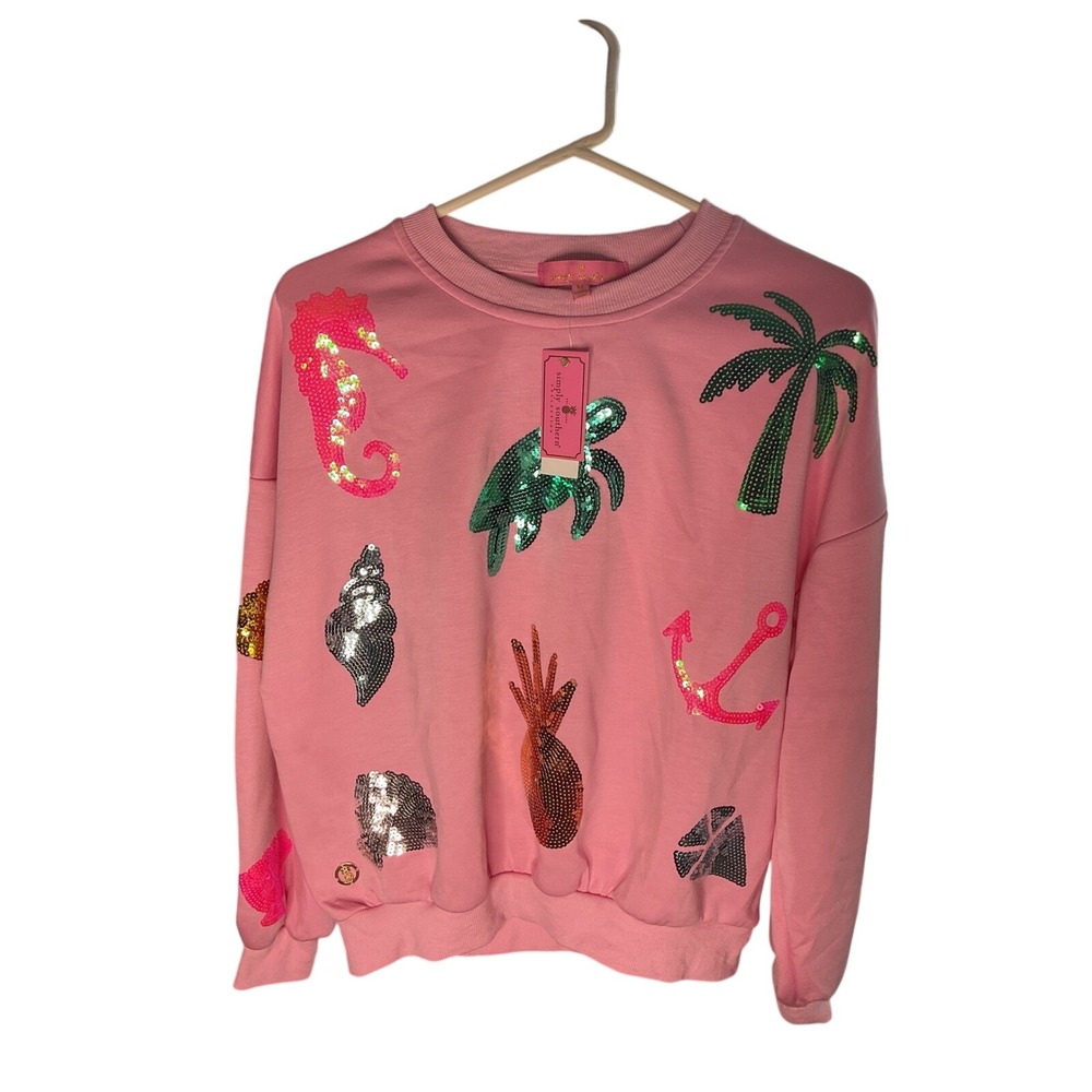 Simply Southern Pink Sequin Tropical Lounge Set Sweatshirt and Shorts Womens M